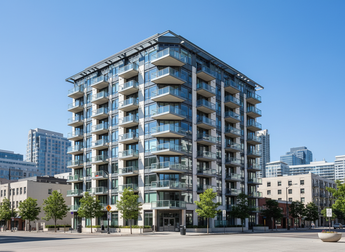Modern mid-rise apartment building with balconies under a clear blue sky, suggesting dignified urban housing.