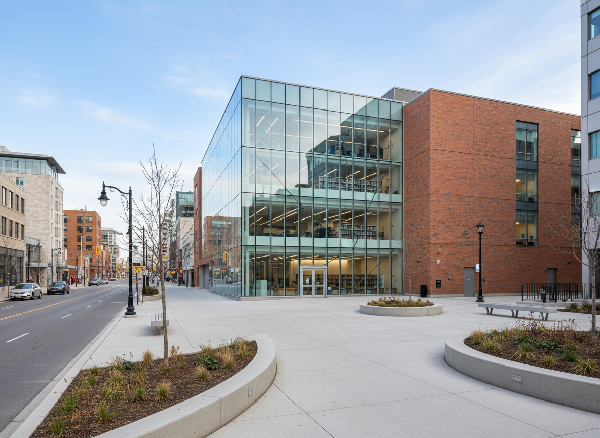 Modern public library exterior with glass and brick on a Canadian city street, representing public services.