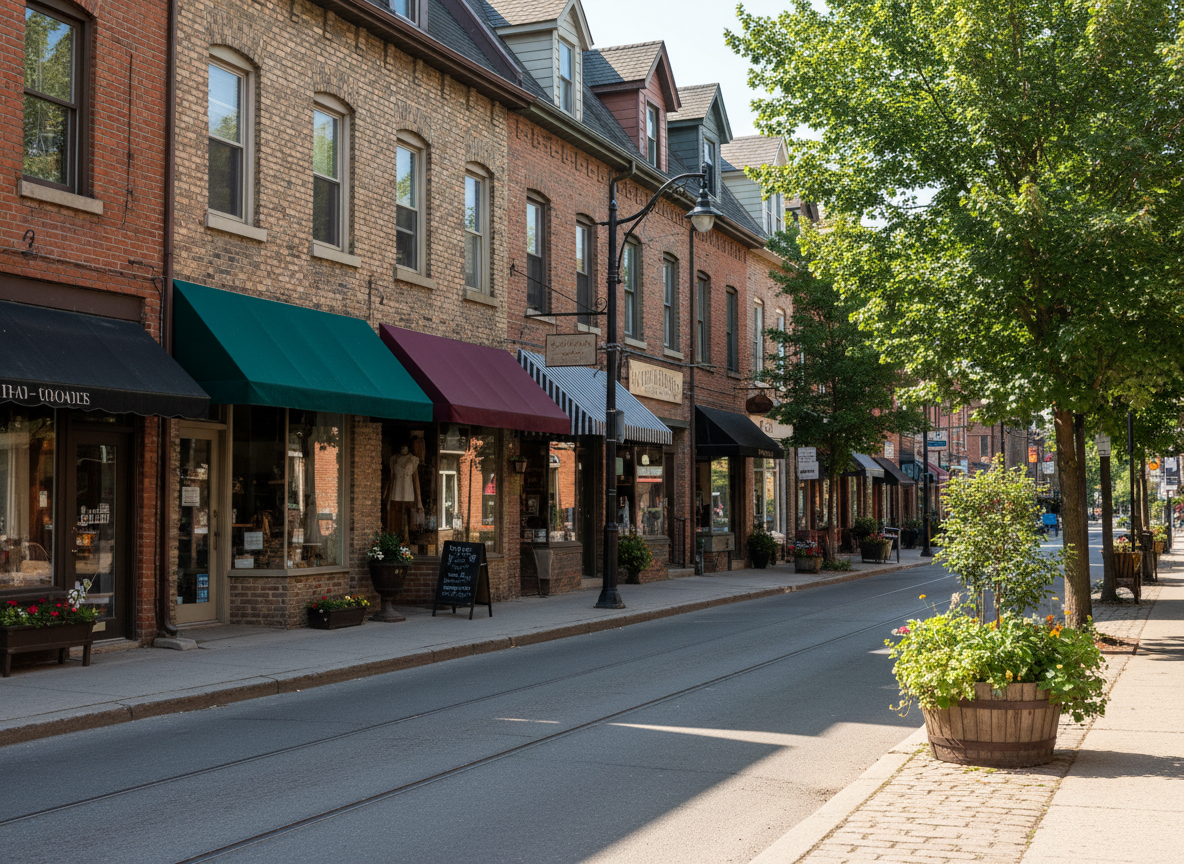 Row of neighbourhood shopfronts with awnings on a brick Toronto-style main street, daytime.