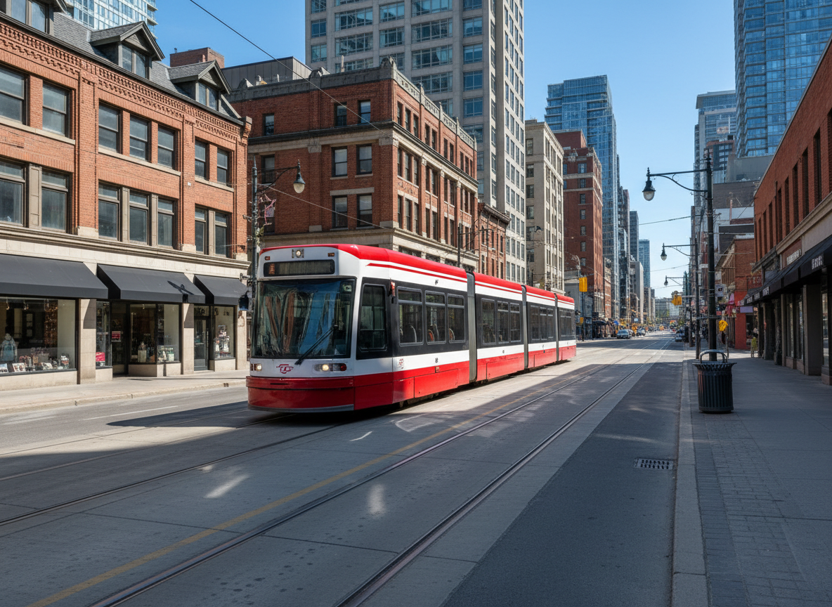 Red-and-white Toronto streetcar on a clear daytime city street, no people in focus.