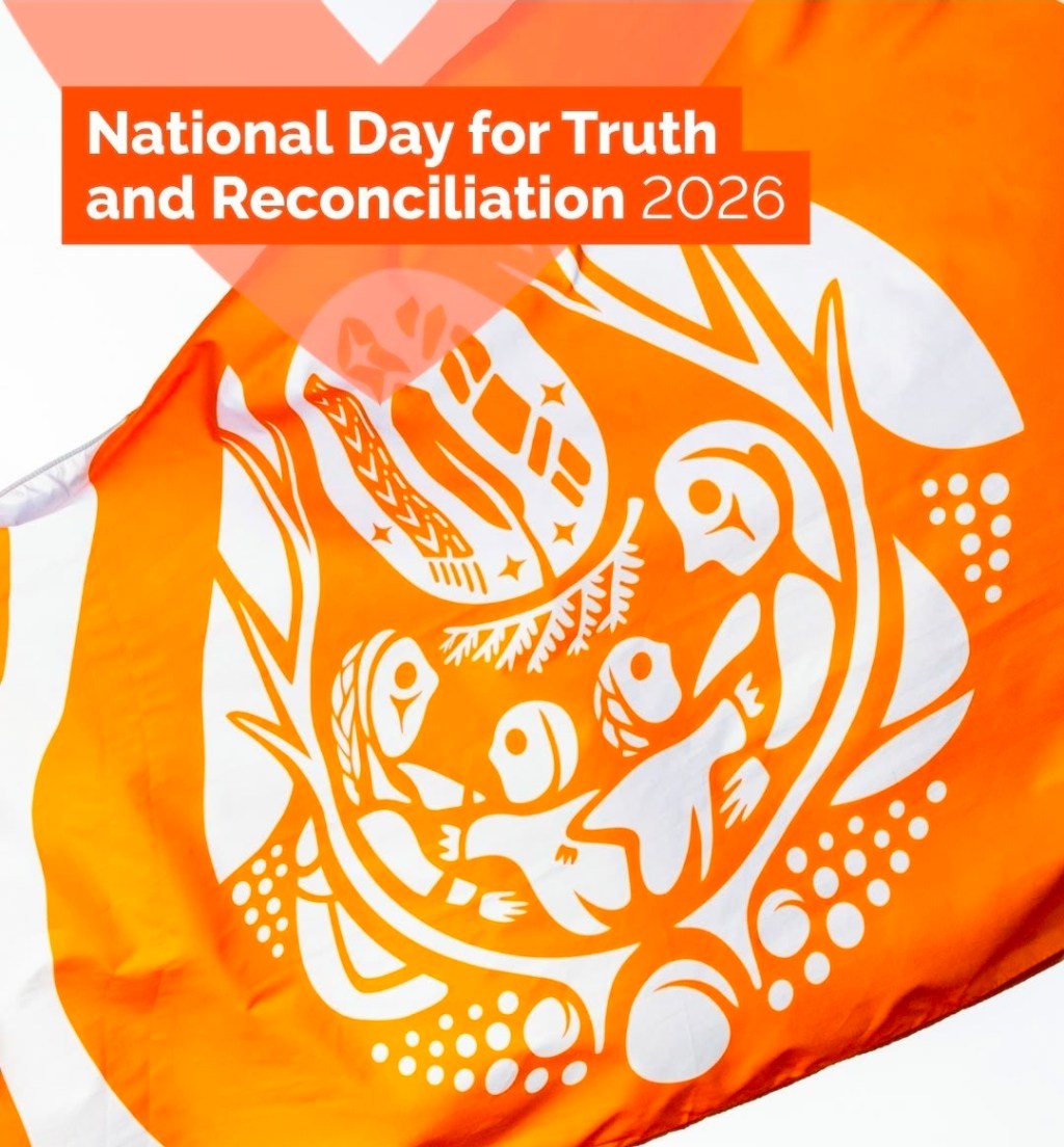 Orange National Day for Truth and Reconciliation 2026 graphic with Indigenous line art