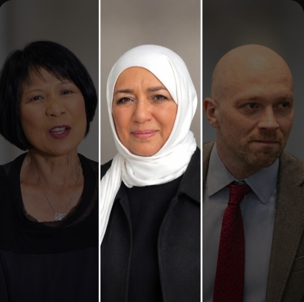 Olivia Chow and Brad Bradford dimmed on either side of Bahira Abdulsalam