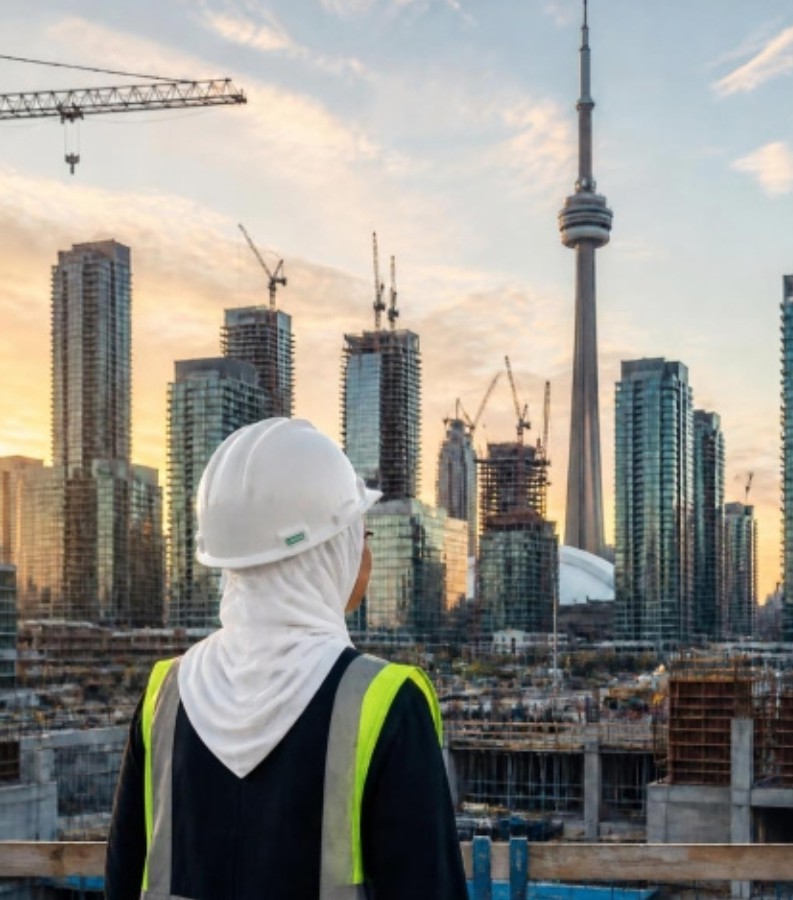 An engineer in a white hijab, hard hat and hi-vis vest looks out at the Toronto skyline, with the CN Tower and construction cranes