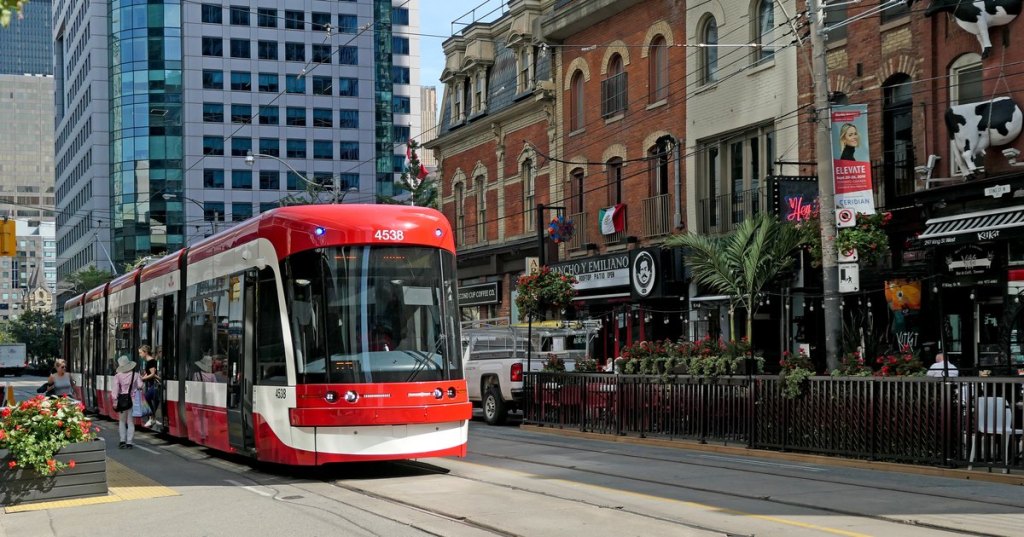 A TTC Flexity streetcar in downtown Toronto
