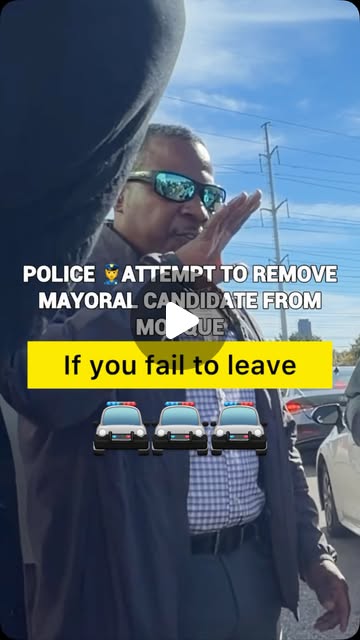 Still from Instagram reel (@offdareck) titled Police Attempt to Remove Mayoral Candidate from Mosque, with caption If you fail to leave