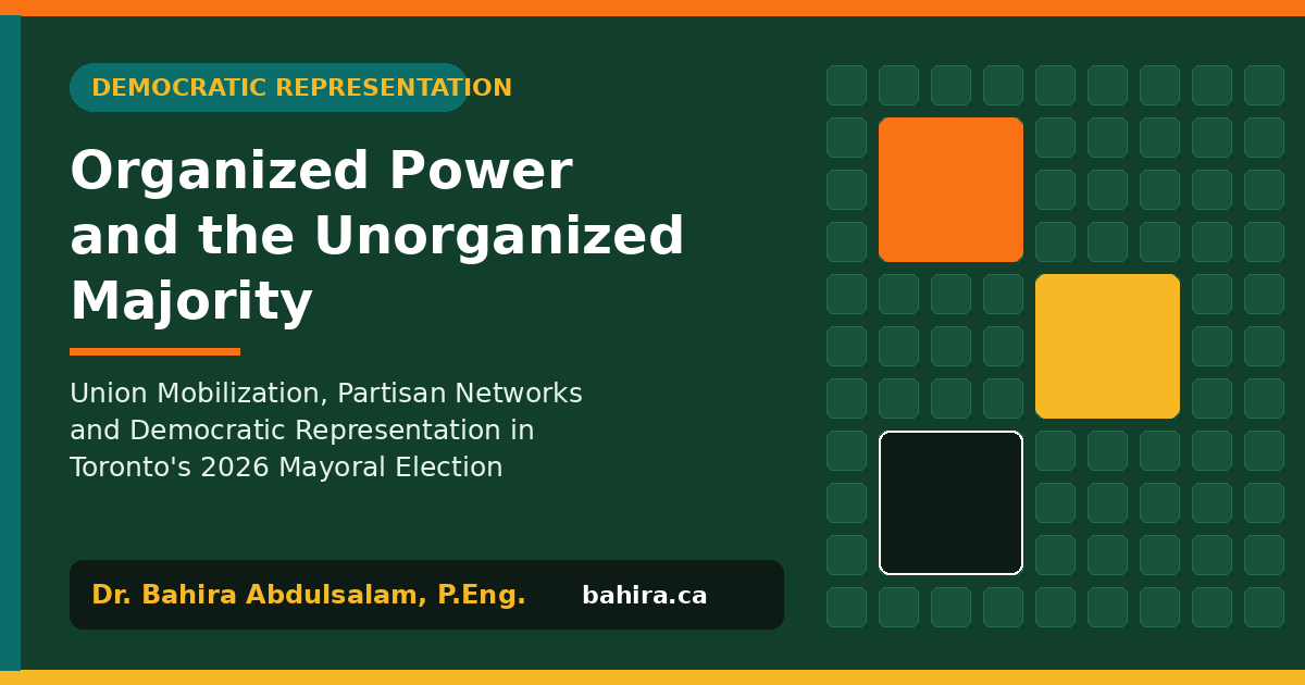 Typographic graphic: Organized Power and the Unorganized Majority: Union Mobilization, Partisan Networks and Democratic Representation in Toronto's 2026 Mayoral Election. Dr. Bahira Abdulsalam, P.Eng., bahira.ca.