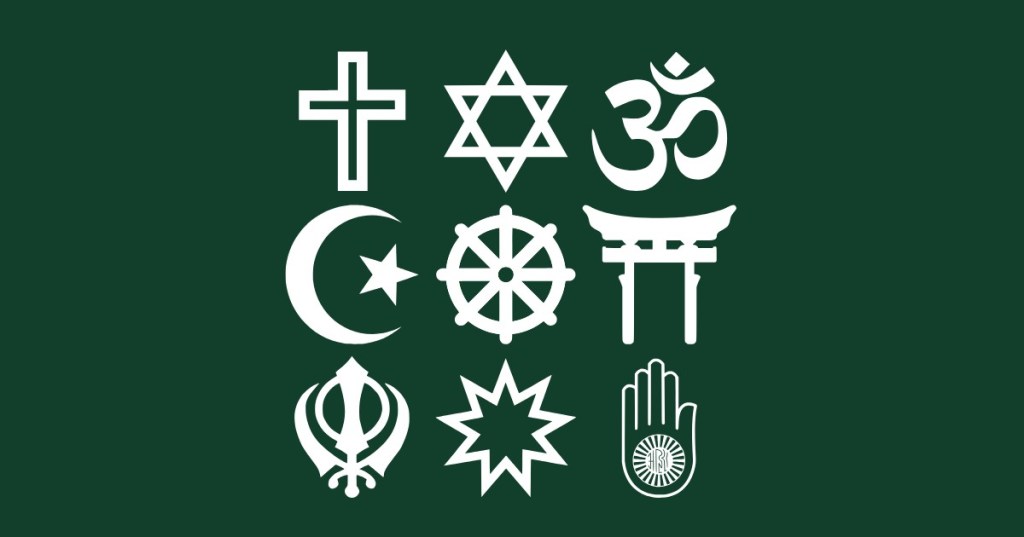 White symbols of nine faiths on a green background: Christian cross, Star of David, Om, star and crescent, Dharma wheel, torii, Khanda, nine-pointed star and Jain hand