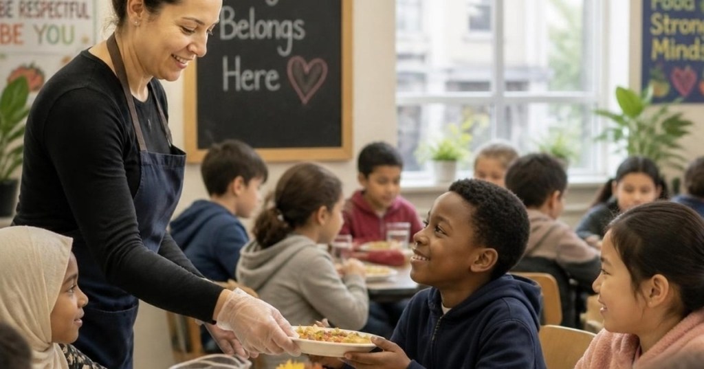 A school lunch being served to children in a cafeteria
