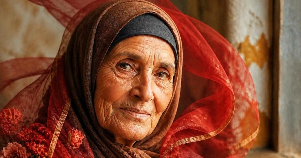 Illustration of an elderly woman in a red scarf