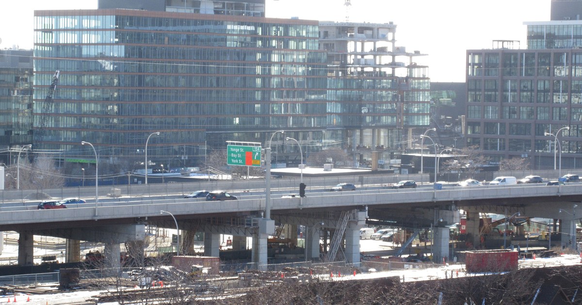 The elevated Gardiner Expressway in downtown Toronto with city towers behind it